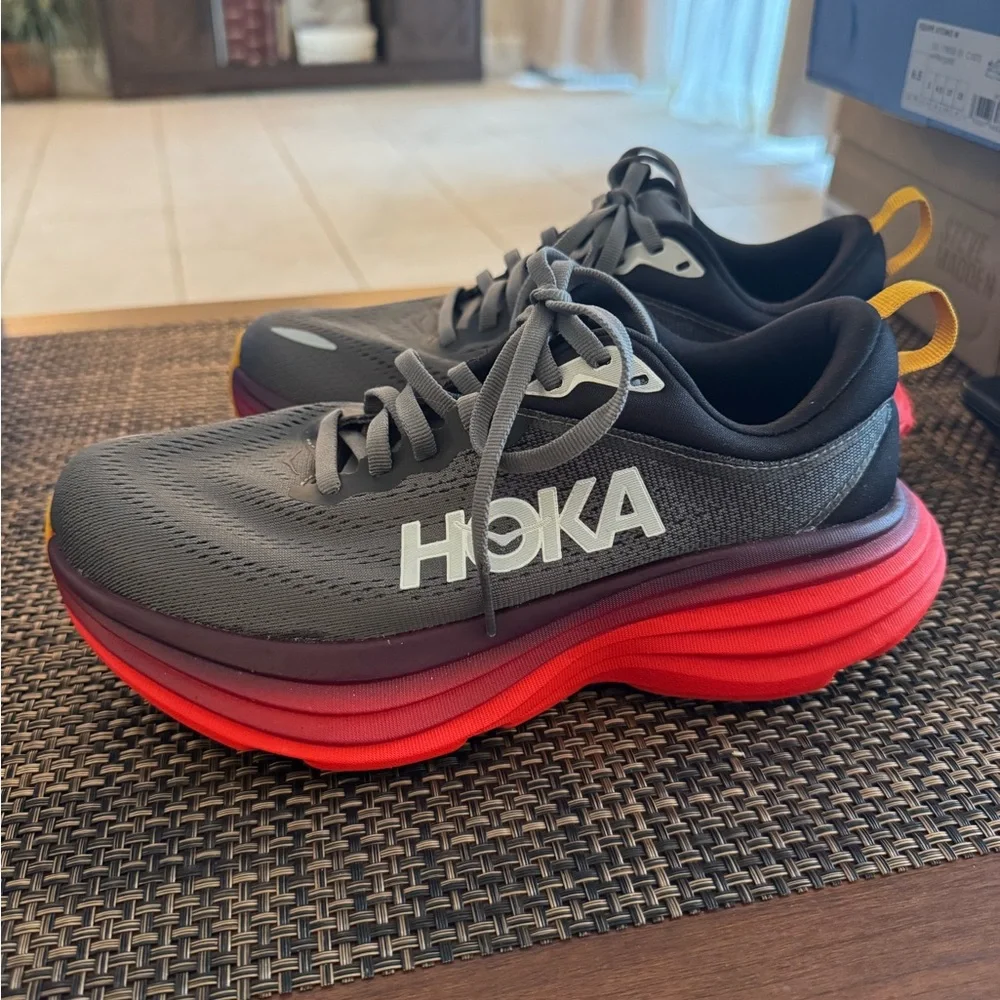 Hoka Black and Red Athletic Shoes Size 6D - Picture 2 of 6